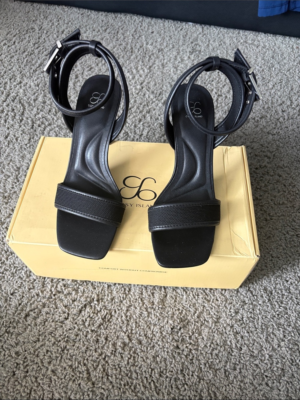 Cosy Island Black Square-Toe Ankle-Strap Heels Cushion Silver accent